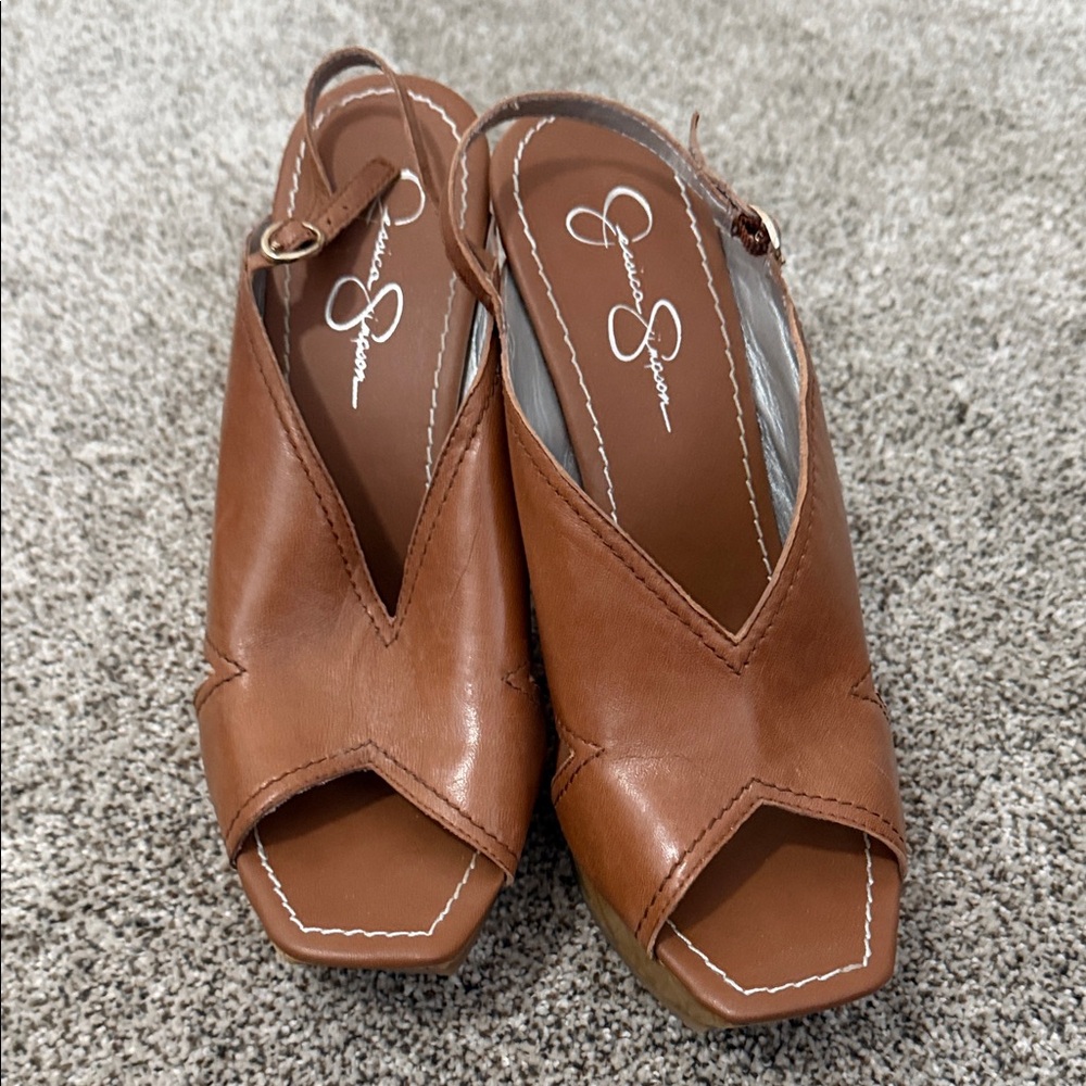 Jessica Simpson Tan Peep-Toe Wedges